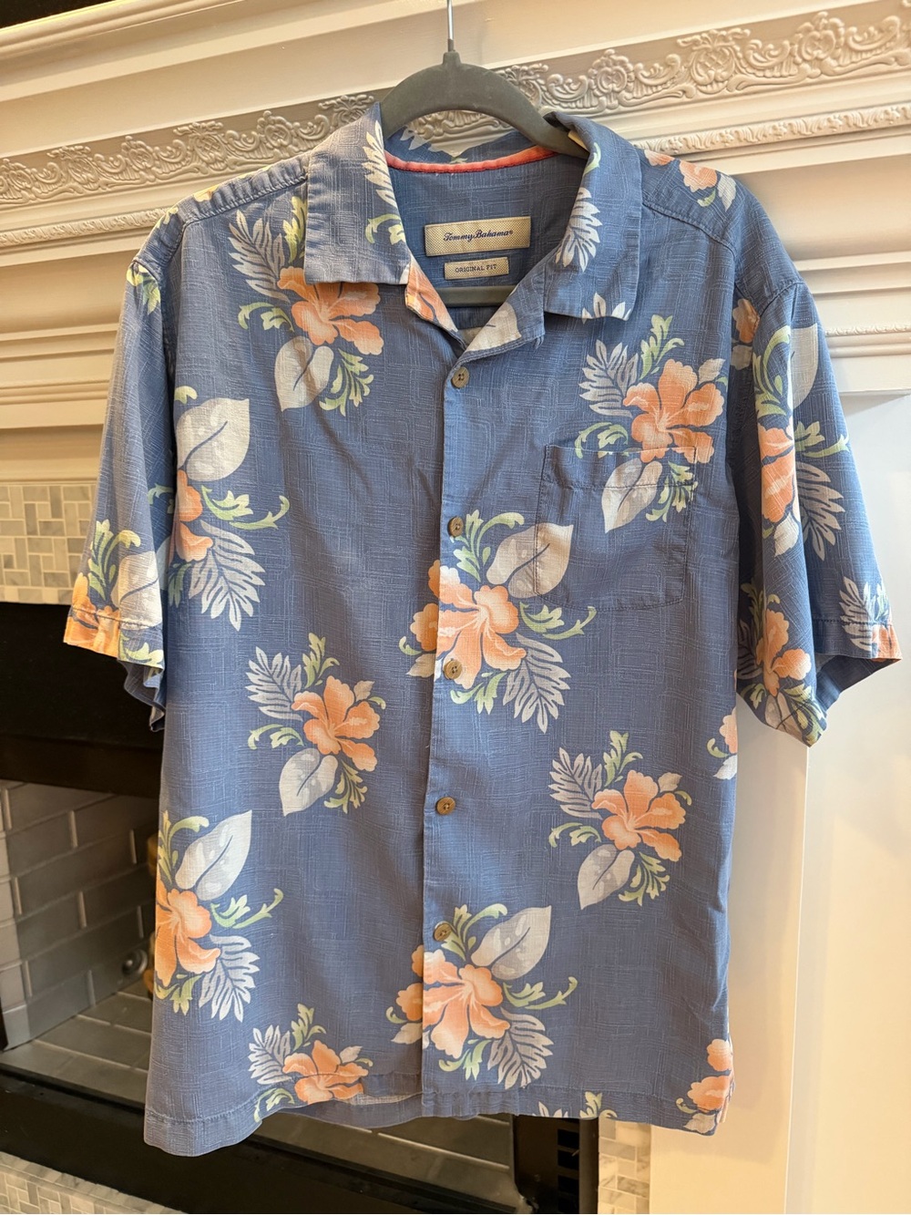 Tommy Bahama Blue Floral Short-Sleeve Camp Shirt with Peach Blooms